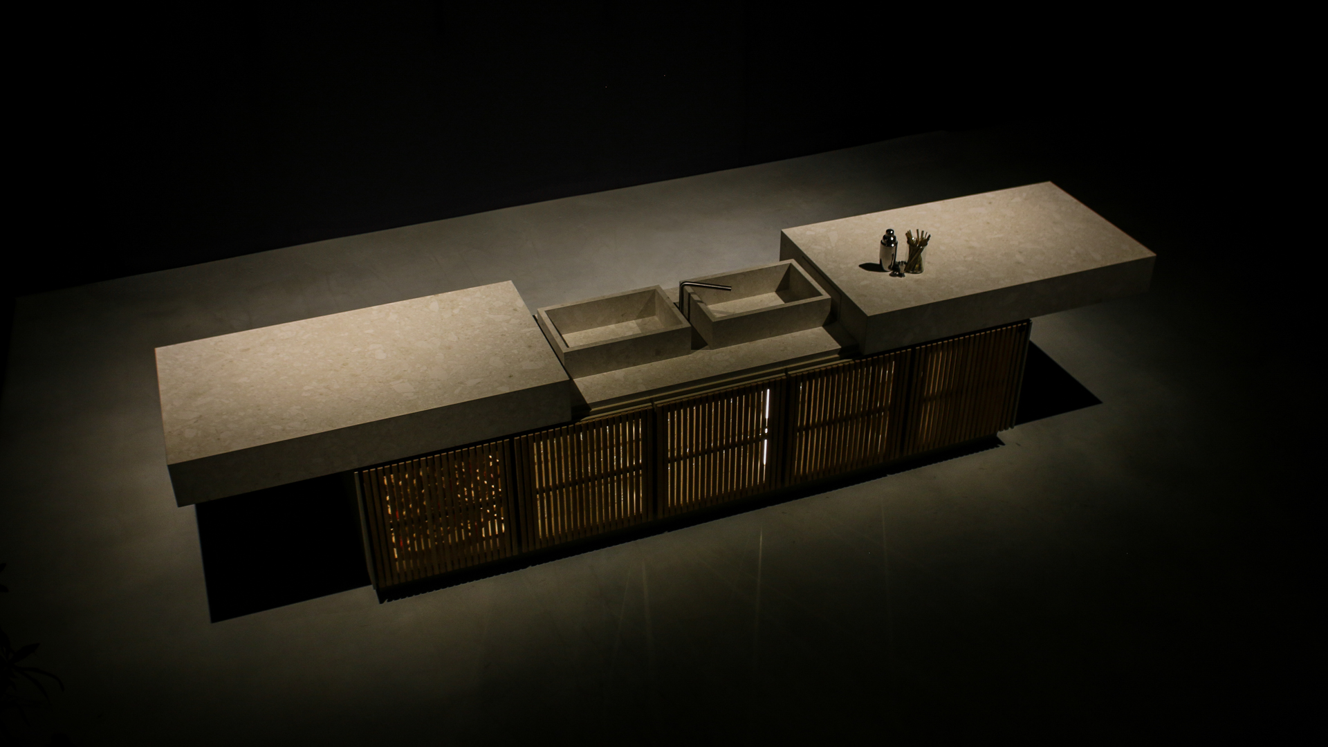 Full Floating Bar composition in a dark architectural setting