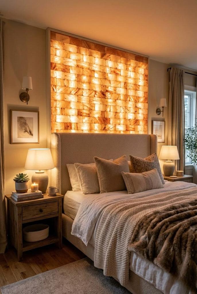 Luxury bedroom featuring an illuminated Himalayan salt wall
